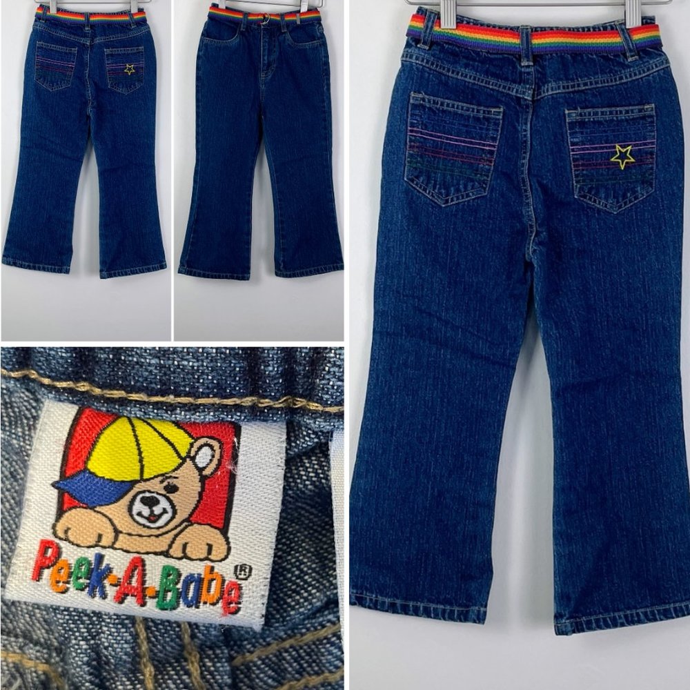 Vintage Peek-A-Babe Jeans with Rainbow Star Embroidered Pockets & Rainbow Belt